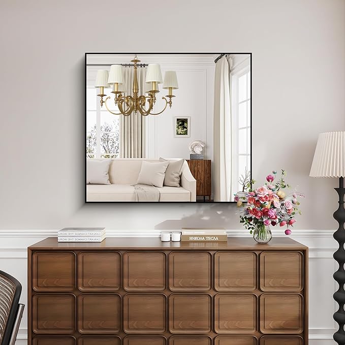 KOCUUY Black Square Mirror, 42"x42" Bathroom Mirrors for Over Sink, Large Black Wall Mounted Mirror, Metal Framed Mirror for Wall, Vanity Mirror for Bathroom Living Room Bedroom Dining Room