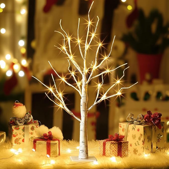 EAMBRITE Lighted Birch Tree Christmas Decorations for Home, White Birch Tree with Lights, 24 LED Lighted Mini Money Tree Twig Tree Battery Operated with Timer, Indoor Table Centerpiece Decor (2FT)