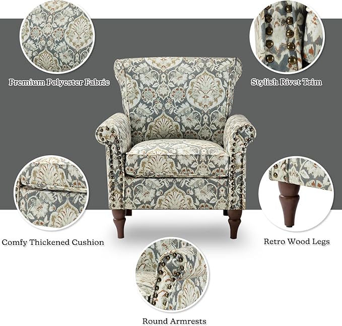 HULALA HOME Modern Wingback Accent Chairs Set of 2 with Wood Legs & Removable Cushion, Comfy Upholstered Armchairs with Nailhead Trim, Floral Pattern Single Sofa Chairs for Living Room Bedroom, Pine