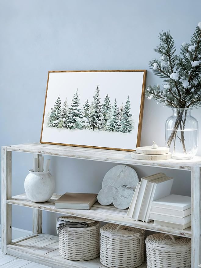VIYYIEA Framed Canvas Wall Art, Vintage Christmas Decor, Large Winter Pine Forest Watercolor Picture Paintings Gifts, Retro xmas Nature Decorations for Bedroom Living Room Fireplace, 16x24In
