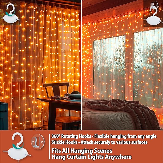 HXWEIYE 300LED Fairy Curtain Lights, 9.8x9.8Ft Orange USB Plug in 8 Modes Timer Christmas String Hanging Lights with Remote for Bedroom Backdrop Wedding Party Home Wall Garden Outdoor Indoor Decor