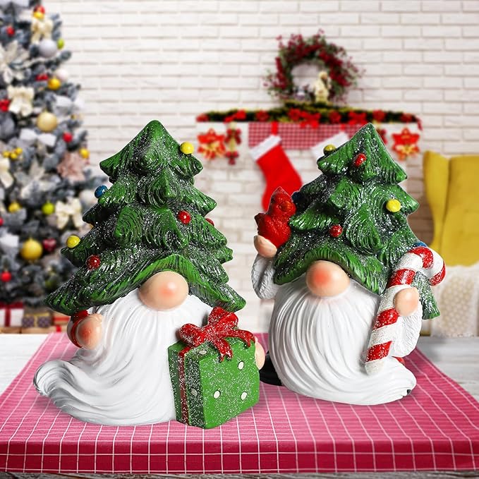 MorTime Set of 2 Christmas Gnomes Table Decorations, Resin Gnome with Gift Box Xmas Tree Snowflake Centerpieces for Desk Shelf Fireplace Winter Holiday Christmas Decor