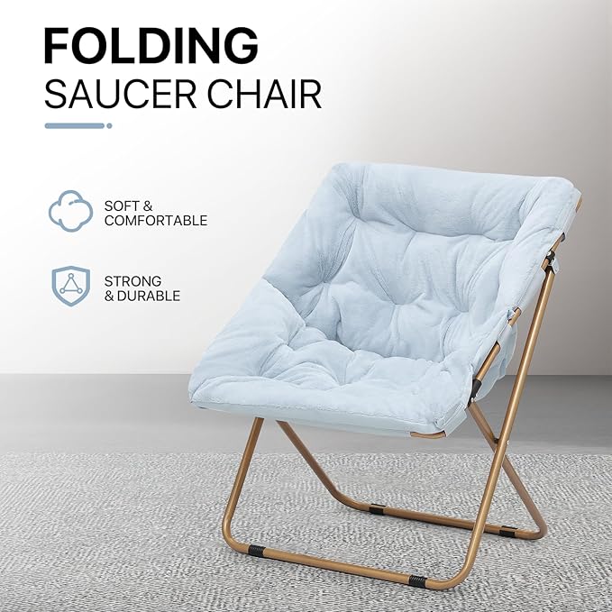 Athena Collection Saucer Chair for Adult, Square Comfy Cozy Chair Folding Chair Faux Fur Metal Frame Foldable Reading Chair Accent Chair for Bed Room Living Room Set of 2, Blue