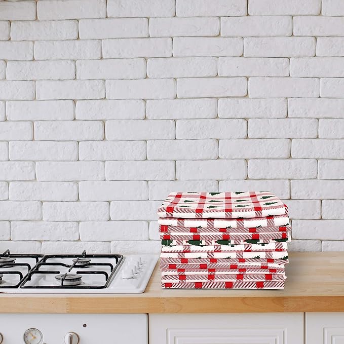 Urban Villa Christmas Kitchen Towels Christmas Tree Print Premium Quality 100% Cotton Dish Towels Mitered Corners Ultra Soft (Size: 20X30 Inches) Highly Absorbent Bar Towels & Tea Towels - (Set of 6)