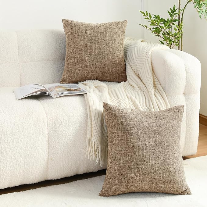 JIUZHEN 20x20 Inch Khaki Faux Linen Pillow Covers Set of 2, Earth Tone Neutral Cushion Covers for Living Room Bed, Washed Texture Zipper Closure