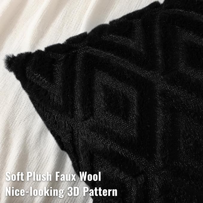 decorUhome Couch Throw Pillow Covers 22x22 Set of 2, Decorative Soft Plush Faux Wool Neutral Accent Pillow Covers for Bed Sofa Living Room, Black