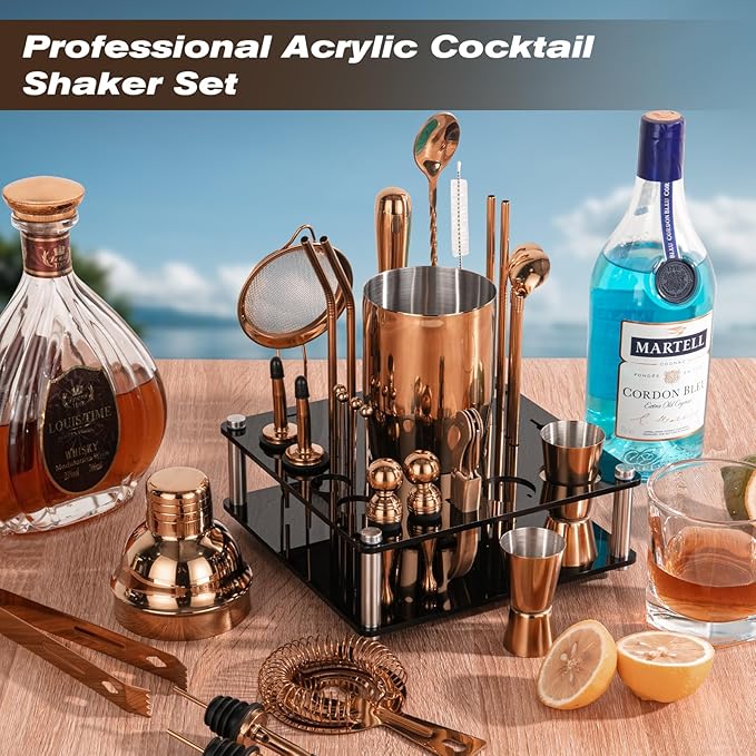 KINGROW Cocktail Shaker Set 29-Piece Bartender Kit with Rotating Stand | Bar Set Drink Mixer Set with All Essential Accessory Tools for Drink Mixing, Home, Bar, Party |Gold Rose