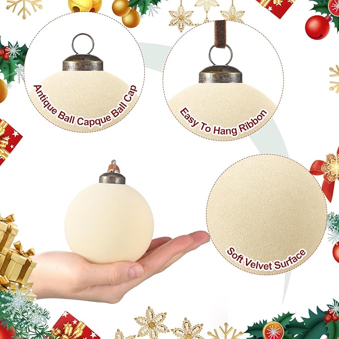 36 Pcs Velvet Christmas Balls Bulk - Flocked Christmas Tree Ball Ornaments Hanging Decoration for Xmas Tree, Wreath, Home or Party Decorations, 2.36", 2.76", 3.15"(Cream White)