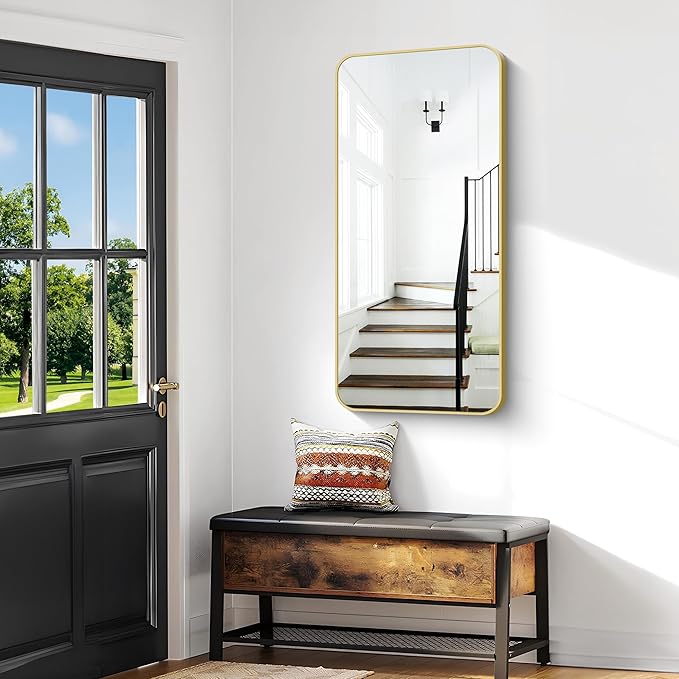 Gold Bathroom Mirror,24x48 inch Wall Mirror for Bathroom Wall Mounted,Round Rectangle Mirror for Bathroom Over Sink,Modern Frame for Home Decor Living Room,Bedroom Entryway,Horizontal/Vertical