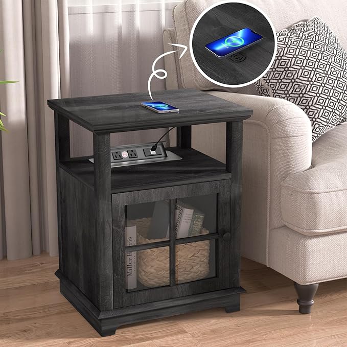HIFYOBRO End Table with Charging Station, Adjustable Shelf & Storage, Modern Farmhouse Nightstand for Bedroom, Living Room, Office