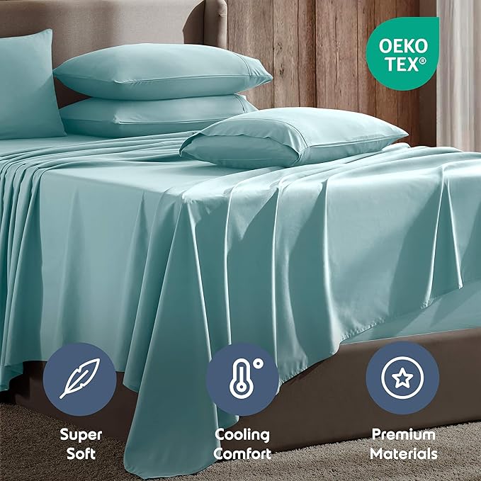 Nestl Extra Deep Twin Sheet Set - 4 Piece Breathable & Cooling Sheets - Hotel Luxury Bedding Set w/18-24 Inch Deep Pockets - Easy & Secure Fit - Super Soft, Wrinkle Free & Comfy - Light Blue