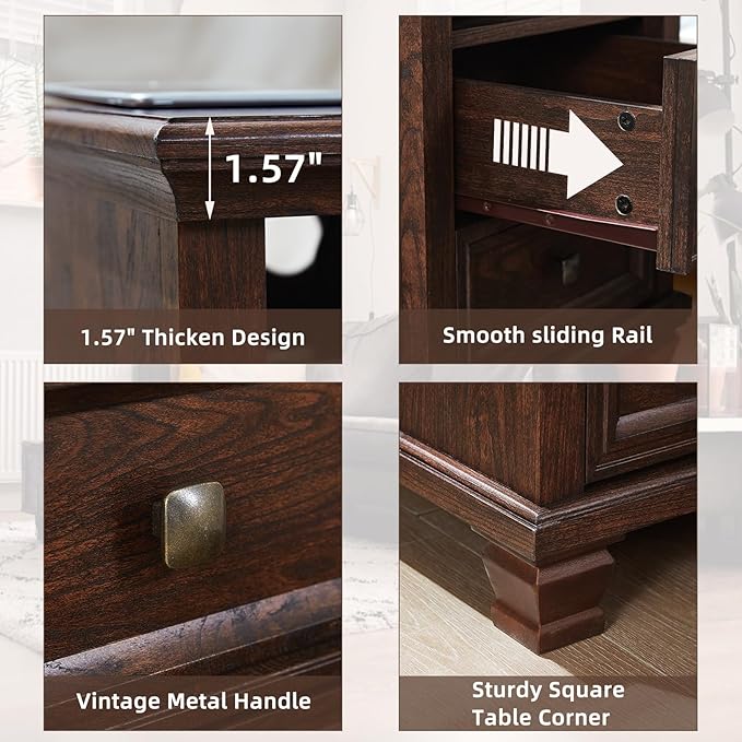 Farmhouse Nightstand Set of 2 with Charging Station, Rustic Brown Nightstand,2 Drawers End Table for Living Room,Bedside Table with Open Shelf for Bed Room,Walnut