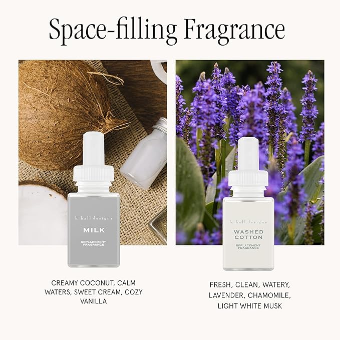 Pura Smart Home Fragrance Device Starter Set - Pura 4 - Scent Diffuser for Home - Includes Fragrance Aroma Diffuser - Square Box, Milk and Washed Cotton Scent Refills