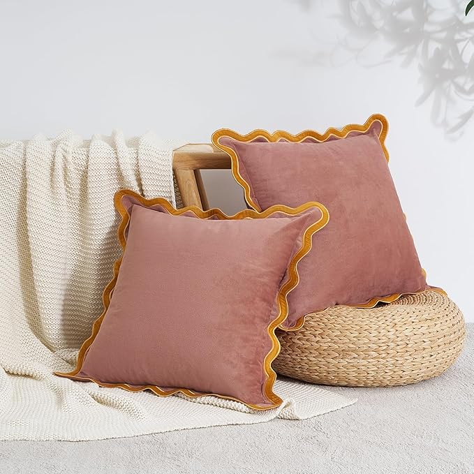 MONDAY MOOSE Decorative Throw Pillow Covers Cushion Cases, Set of 2 Soft Velvet Scalloped Wavy Edge Designs, Mix and Match for Home Decor, Pillow Inserts Not Included (Honey/Pink, 18x18 inch)