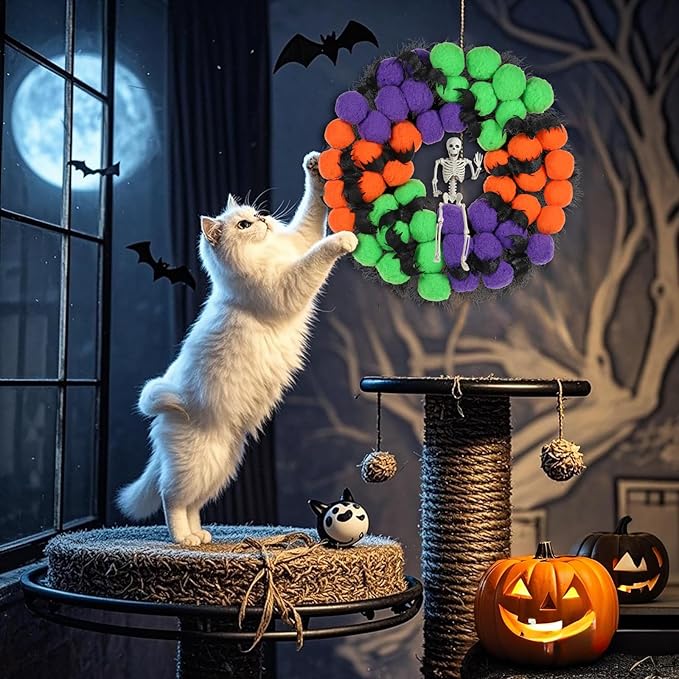 Halloween Wreath, 24inch Halloween Wreaths for Front Door, Pompom Wreaths with bat and Skull for Indoor,Outdoor, Wall, Window Porch Patio Garden Farmhouse Home Party Prom Decoration.