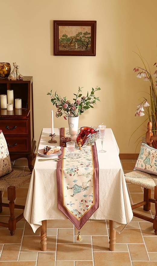 patdrea Designer Idyll Linen Extra Long Table Runner,Vintage Beige Farmhouse with Ancient Figure Fruit Trees Pattern Table Mat, Decoration for Kitchen Dining Paties Banquet Christmas ,16"*118"