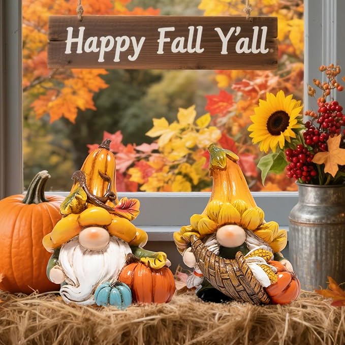 Hodao Fall Decorations for Home, 2 Pcs Thanksgiving Gnome Figurines Resin Autumn Pumpkin Gnomes Statues, Cute Fall Thanksgiving Decor for Home Table Shelf, Perfect Fall Gift for Family Friends