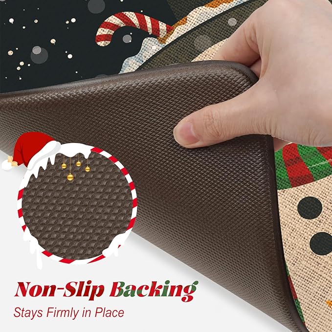 Christmas Snowman Kitchen Mat, Non Skid Cushioned Kitchen Floor Mats Sets of 2 Waterproof Anti Fatigue Kitchen Rug, Winter Xmas Tree Mat Black Comfort Standing Rugs for Holiday Decor 17x30+17x47inch
