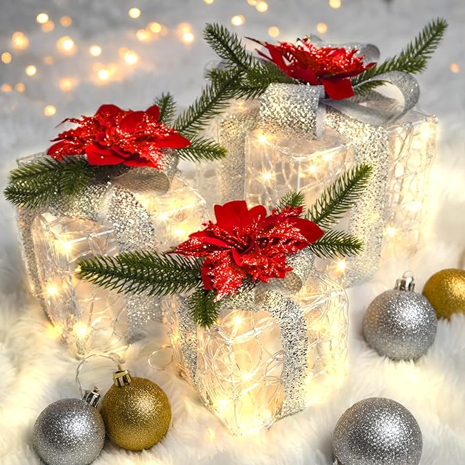 Christmas Decorations, Set of 3 Christmas Lighted Gift Boxes, Decorative Acrylic Light Up Present Gift Boxes with Timer for Weddings Holiday Indoor Outdoor Xmas Tree Decor