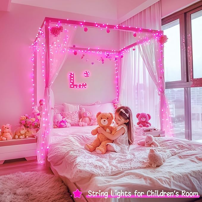JMEXSUSS 33ft 100 LED Pink Christmas Lights, Pink Battery Operated Lights with 8 Modes Remote, Indoor Outdoor String Light for Bedroom Christmas Party Tree Decorations