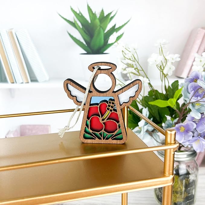 Hibiscus Flowers Decoration - Tropical Beach Ornaments - Angel Ornaments for Christmas Tree - Red Flower Wall Decoration - Hanging - 3.5" (H)