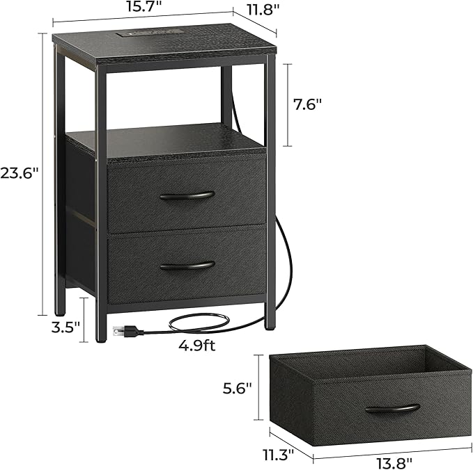 Huuger Nightstand with Charging Station, Side Table with 2 Fabric Drawers, End Table with Open Shelf, Bedside Table with USB-C Port and Outlets, Night Stand for Bedroom, Black