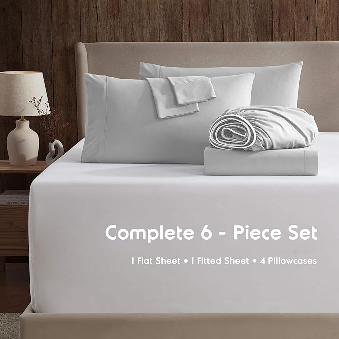 Nestl Extra Deep Full Sheet Set - 6 Piece Breathable & Cooling Sheets - Hotel Luxury Bedding Set w/18-24 Inch Deep Pockets - Easy & Secure Fit - Super Soft, Wrinkle Free & Comfy - Light Gray