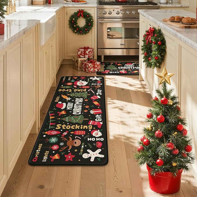 Collive Merry Christmas Kitchen Mats for Floor, Cushioned Anti Fatigue Kitchen Rug Set, 2 Piece Non-Skid Waterproof Kitchens Sink Rugs, Comfort Winter Xmas Tree Mat for Laundry Office Desk