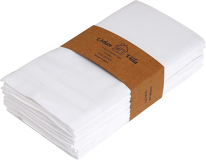 Urban Villa White Cloth Napkins Set of 12 100% Cotton Dinner Napkins Cloths Washable 20”x20” Absorbent Soft Durable Reusable-Ideal for Everyday Use Parties Wedding Thanks Giving Christmas Halloween