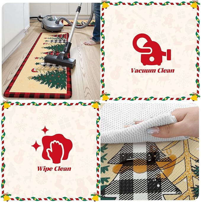 Merry Christmas Xmas Tree Kitchen Mat 2PCS, Anti-Fatigue Cushioned Waterproof Kitchen Mats for Floor Buffalo Plaid Kitchen Rug, Non Skid Comfort Standing Rugs for Laundry Office Desk Decor, Beige/Red