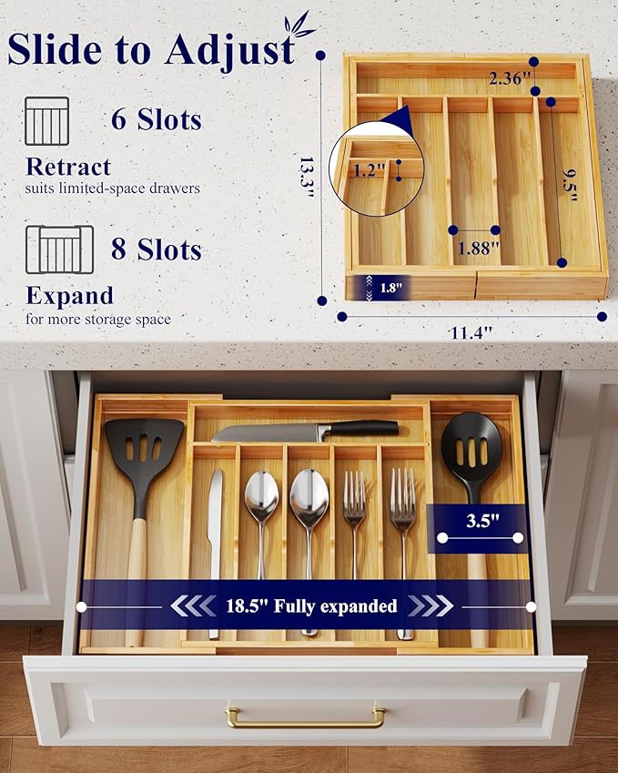Kitsure Large Thickened Silverware Organizer - Expandable Bamboo Kitchen Drawer Organizer for Cooking Utensils and Cutlery, Sturdy Kitchen Organizers and Storage Solution, 18.5"×13.3"×1.8"