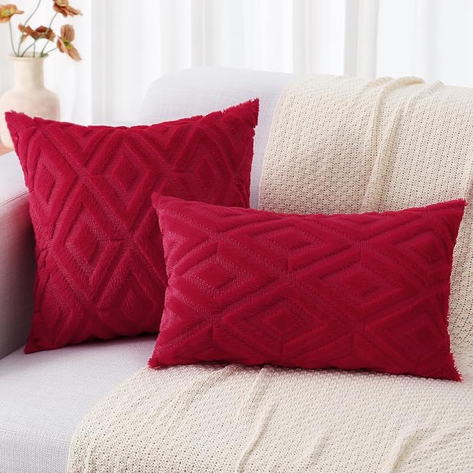 decorUhome Christmas Couch Throw Pillow Covers 18x18 Set of 2, Decorative Soft Plush Faux Wool Neutral Accent Pillow Covers for Bed Sofa Living Room, Red