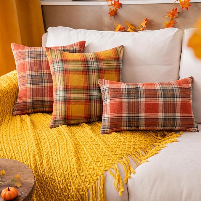 AQOTHES Fall Plaid Yellow Throw Pillow Covers 22x22 Inch, Set of 2 Autumn Decorative Throw Pillows for Couch Sofa Bed Living Room Home Decor, Accent Pillow Cases for Farmhouse Couch Cushion Covers