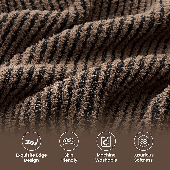 Snuggle Sac Ultra Soft Throw Blanket for Couch, Fuzzy Microfiber Knit Stripe Blankets for Couch, Sofa, Travel, Black Brown, 50x60 inches