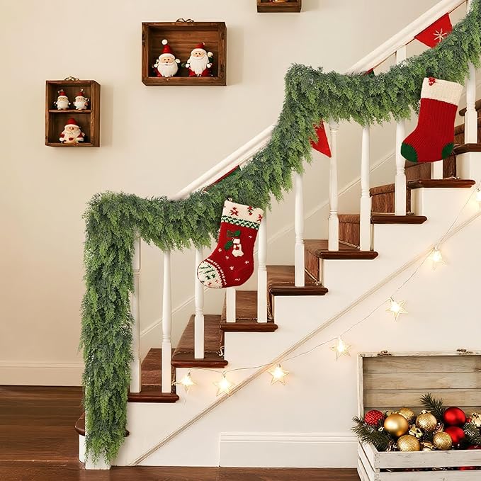 6FT Real Touch Cedar Garland for Fireplace - Artificial Christmas Garlands Realistic Faux Greenery Fake Pine Needles Garland for Holiday,Table, Window,Mantel,Stairs, Home,Indoor Outdoor Decor (2PCS)