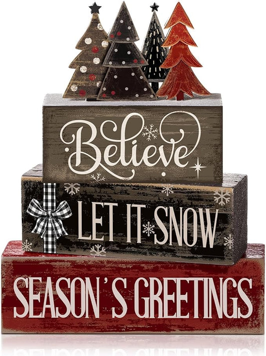 4 Pcs Christmas Table Decor Christmas Tree Centerpiece Rustic Decorative Tree Block Signs Gift Winter Tiered Tray Decor Farmhouse Winter Tabletop Decoration for Home Xmas Party Kitchen Shelf