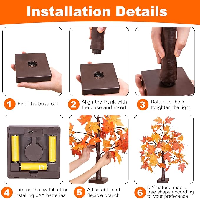 2 Pack 24 Inch Fall Maple Tree with 48LED Thanksgiving Table Decorations Battery Operated Lighted Tabletop Artificial Tree with Pumpkin Acorn Maple Fall Centerpieces Indoor Fall Decorations for Home