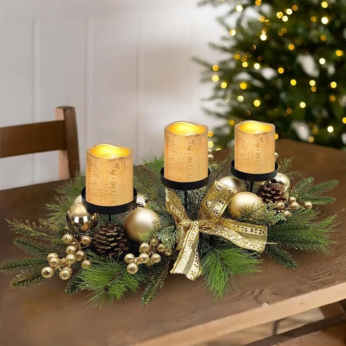 Gold Glittery Christmas Candle Centerpiece with Berries and Pinecones - 27.5 Inch