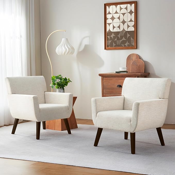 Upholstered Accent Chair,Mid Century Modern Office Fabric Small Living Room Chair with Arm,Comfy Wingback Armchair for Bedroom Reading (Beige, 2 PC)