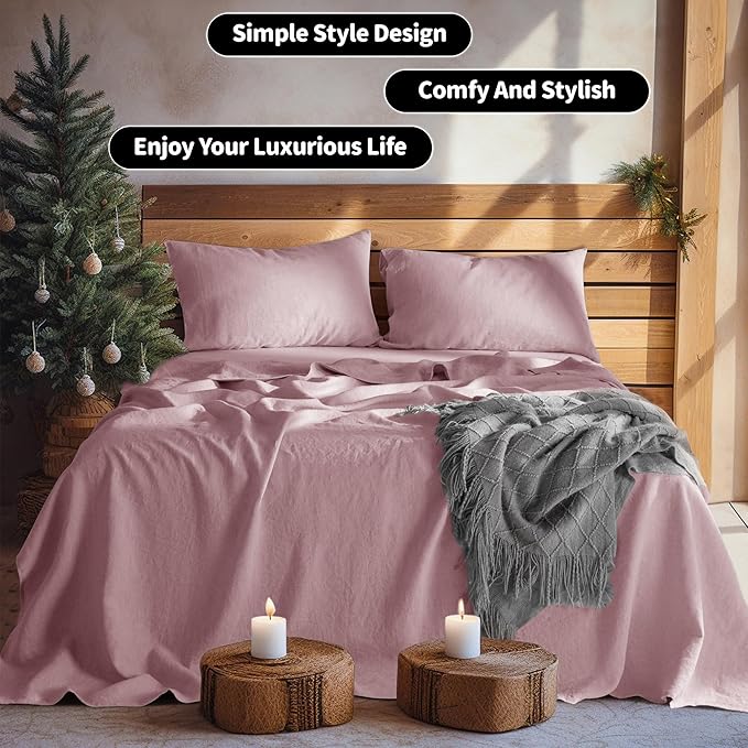 LBRO2M 100% Linen Sheet Set Twin Size,Bed Sheets 3 Piece Sets,Solid Color Natural Flax Bed Sheets Soft Breathable Bedding,16" Deep Pocket,All Season (Twin, Embroidery Purple)