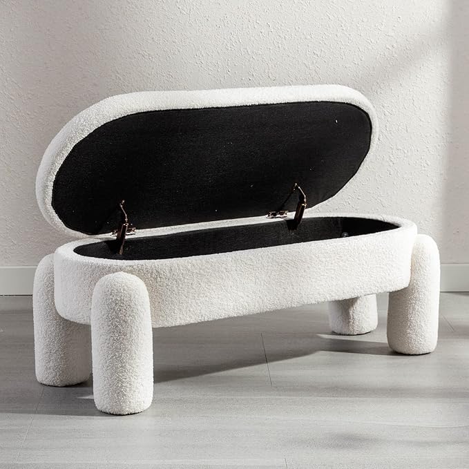 DUOMAY Sherpa Storage Ottoman Bench, Upholstered Fabric Storage Bench End of Bed Stool for Bedroom Living Room Entryway, 44.75" Width, White