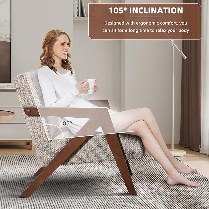 INZOY Mid Century Modern Accent Chair with Wood Frame, Upholstered Reading Armchair with Soft Linen Fabric, Accent Chair for Living Room Bedroom Apartment, Easy Assembly, Brown