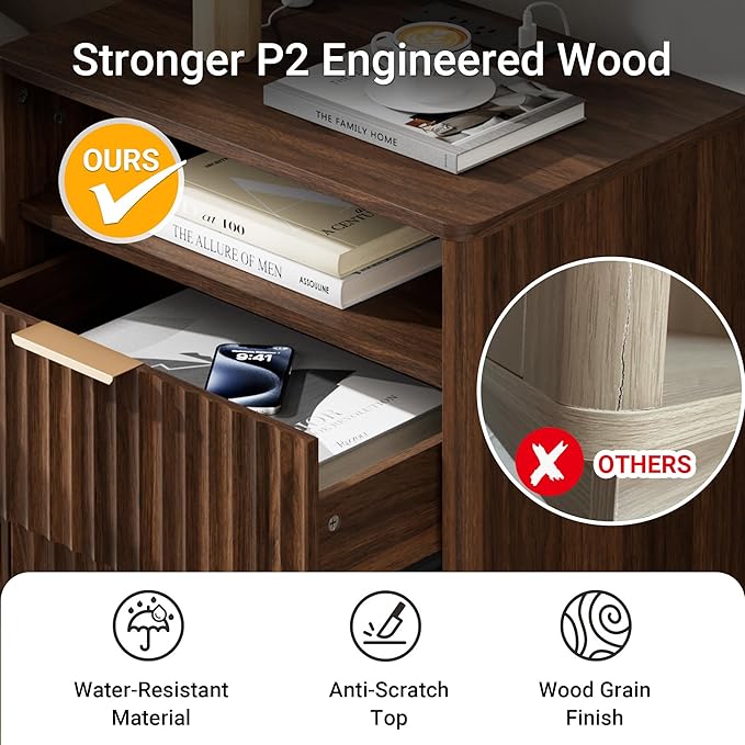 Fluted Nightstand Set of 2 with Charging Station, 18" Modern Farmhouse Night Stand, 2 Drawers End Table with Storage, Bedside Table for Bedroom Sofa Home Office, Curved Profile(Walnut)