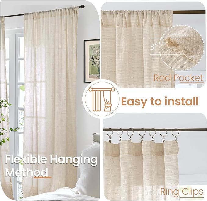 BGment Natural Linen Curtains 96 Inches Long for Living Room - Burlap Semi Sheer Window Drapes with Rod Pocket Light Filtering for Farmhouse Bedroom Lightweight, 2 Panels, 52 Inch Wide Each Panel