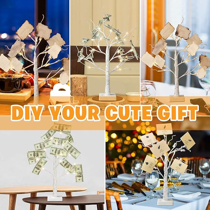 EAMBRITE Money Tree Gift Holder, Lighted Birch Tree 2FT 24LED, Battery/USB Powered Timer Light Up Display Twig Gift Card Tree with 6 Clear Clips and 6 Cards for Home Christmas Graduation Photo Memo