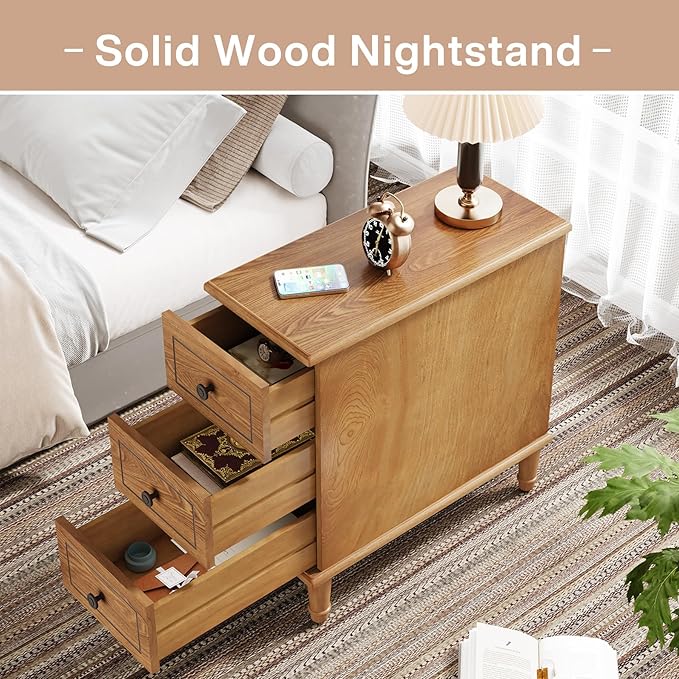 Tribesigns Solid Wood End Table, Fully Assembled Narrow Side Table with Drawers, Pre-Assembled Nightstand Slim Bedside Table for Small Spaces, Living Room, Bedroom, Wood Color, 2 Pcs