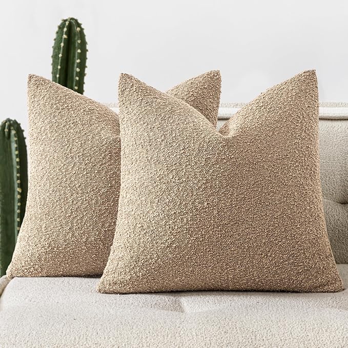 Woaboy Pack of 2 18x18 Inch Decorative Boucle Throw Pillow Covers Textured Square Pillowcaes Accent Solid Cozy Soft Cushion Covers Home Decor for Sofa Couch Living Room Home Decor,Khaki