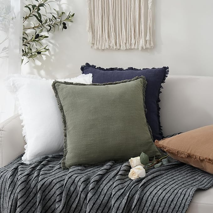 Foindtower Set of 2 Decorative Linen Fringe Throw Pillow Covers Cozy Boho Farmhouse Cushion Cover with Tassels Soft Accent Pillowcase for Couch Sofa Bed Living Room Home Decor, 24×24 Inch, Olive Green
