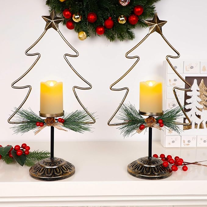 Lulu Home Lighted Christmas Table Decorations, 2 Pack 15.7 Inch Christmas Tree with Battery Operated Candle Lights, Light Up Christmas Tabletop Decorations, Xmas Holiday Winter Tabletop Desk Ornament