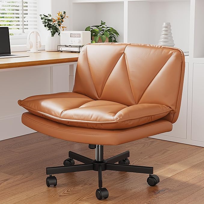 Armless Criss Cross Chair with Wheels, Leather Cross Legged Office Chair with 2-Layer Cushion,Swivel Modern Home Office Desk Chair 25.5" Wide Seat Height Adjustable,Vanity Chairs,Orange